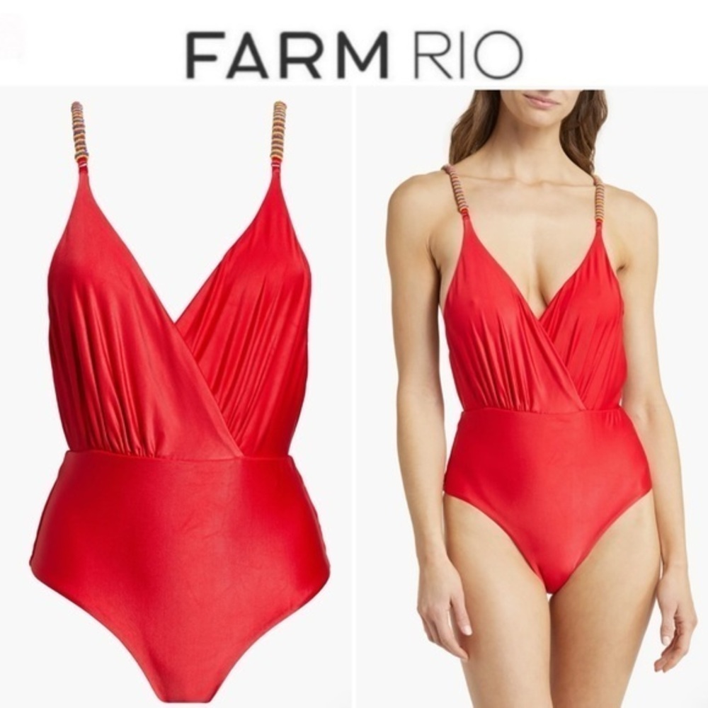FARM Rio Beaded Strap One-Piece Swimsuit in Red 195$